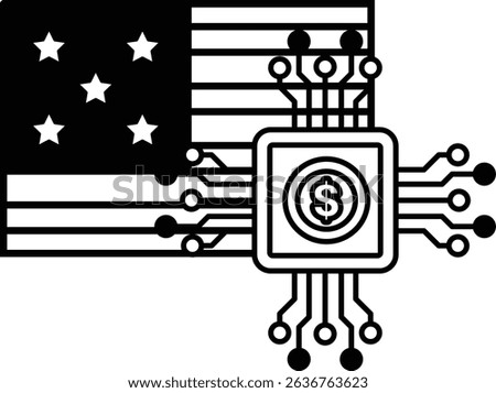 A black and white image of the American flag with a dollar sign in the middle. Concept of technology and money, and the mood is serious and focused