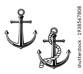 Black and white image of the anchor. The anchor with the rope is isolated.