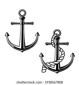 Black and white image of the anchor. The anchor with the rope is isolated.