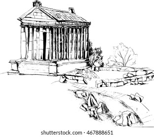 black and white image of an ancient temple
