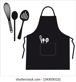 Black and white image of an apron with kitchen utensils in the decoration pocket.
