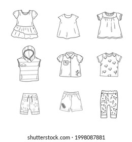 Black and white image of baby clothes. Vector illustration. Set of wardrobe items