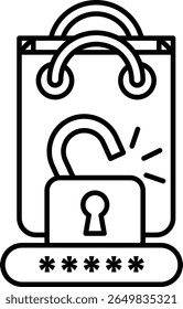 A black and white image of a bag with a lock on it. The lock is broken and the bag is open. Concept of vulnerability and insecurity