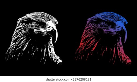 A black and white image of a bald eagle and a blue and red head.