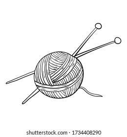 Imagen en blanco y negro de una bola de hilo y agujas de punto. Ilustración vectorial. Hometría