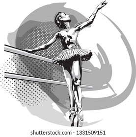 Black and white image of a ballerina at the bench. Vector drawing by hand.