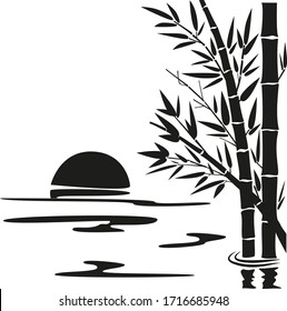 Black and white image of bamboo, vector illustration of bamboo, design of Chinese and Japanese trees, wallpaper with monochrome trees for cards and web, wall sticker design.