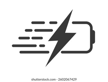 A black and white image of a battery with a lightning bolt on it. Concept of energy and power