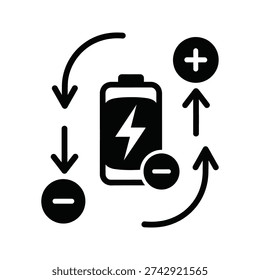 A black and white image of a battery with plus and minus signs