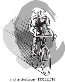 Black and white image of a bicycle racer. Vector drawing by hand.