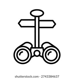 A black and white image of binoculars and a signpost