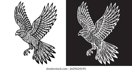 A imagem em preto e branco de um pássaro tem um design muito intrincado e detalhado. O pássaro é representado em duas cores diferentes, sendo uma preta e a outra branca