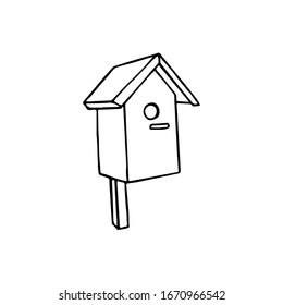 Black and white image of a birdhouse. Vector illustration. Hand-drawn doodle for design, web, icons, children's illustrations.
