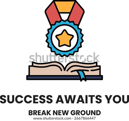A black and white image of a book with a gold star on it. The text reads "Success awaits you