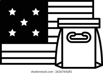 A black and white image of a box with a star on it and a flag. The box is labeled with the word "food" and the flag is in the background