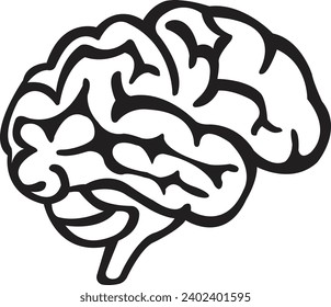 A black and white image of a brain against a white background. Suitable for medical and scientific presentations, educational materials, mental health