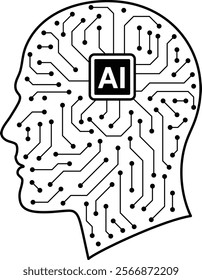 A black and white image of a brain with a computer chip in the middle. The image is meant to represent the idea of artificial intelligence