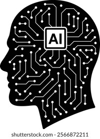 A black and white image of a brain with a computer chip in the middle. The image is meant to represent the idea of artificial intelligence