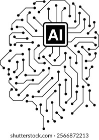 A black and white image of a brain with a computer chip in the middle. The image is meant to represent the idea of artificial intelligence