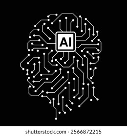 A black and white image of a brain with a computer chip in the middle. The image is meant to represent the idea of artificial intelligence