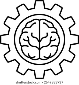 A black and white image of a brain with a gear in the middle. Concept of the brain being a complex and intricate machine, with the gear representing the different parts and functions of the brain