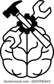 A black and white image of a brain with a hammer and wrench on top of it. Concept of fixing or repairing the brain, possibly symbolizing the importance of maintaining and improving one's mental health