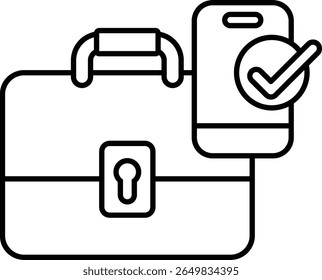 Uma imagem em preto e branco de uma pasta com um telefone e uma marca de seleção. A pasta está aberta e o telefone colocado em cima dela. A marca de seleção indica que o telefone está funcionando corretamente
