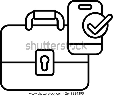 A black and white image of a briefcase with a phone and a check mark on it. The briefcase is open and the phone is placed on top of it. The check mark indicates that the phone is working properly