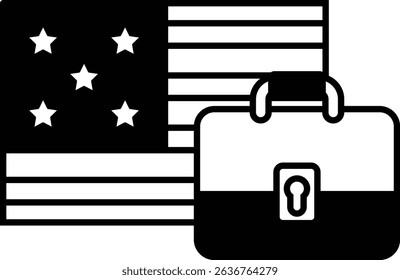 A black and white image of a briefcase with a star on it and the American flag behind it
