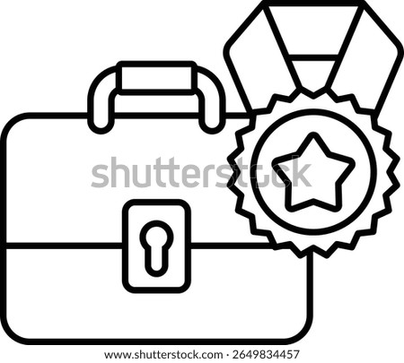 A black and white image of a briefcase with a star and a gold medal. The briefcase is open and the star is on the top of it