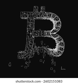 A black and white image of a broken B. The image is abstract and has a sense of destruction