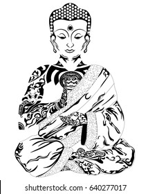 Black and white image Buddha in meditating pose. The body is covered with abstract tattoos.