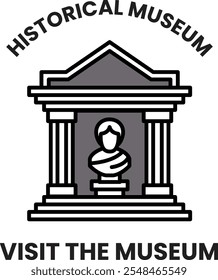 A black and white image of a building with a statue of a woman in front of it. The image is titled "Historical Museum" and is meant to encourage people to visit the museum