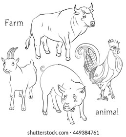 black and white image of a bull, cock, pig and goat - suitable for a child's coloring, and not only. For your convenience, each significant element is in a separate layer.