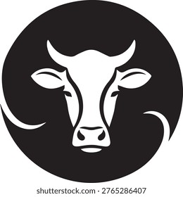 A black and white image of a bull's head