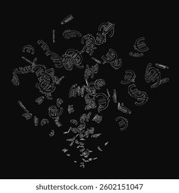 A black and white image of a bunch of random shapes and letters. The shapes and letters are scattered all over the image, creating a sense of chaos and disorder. Scene is one of confusion and disarray