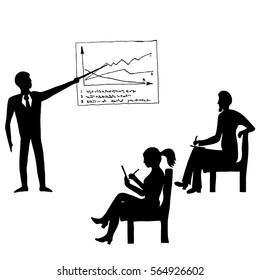 Black and white image of businessman with graph and two peoples with notes. Concept of presentation, meeting or training courses for adult.
