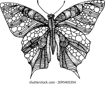 Black and white image of a butterfly with a geometric pattern on the wings