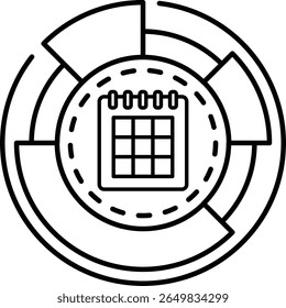 A black and white image of a calendar with a spiral design. The calendar is divided into squares and has a white border