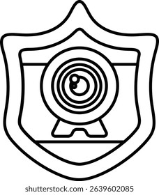 A black and white image of a camera with a lens. The camera is surrounded by a shield