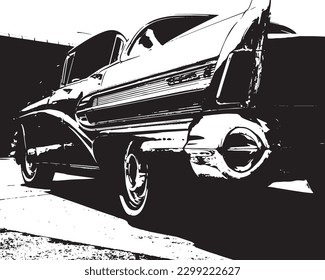 
A black and white image of a car