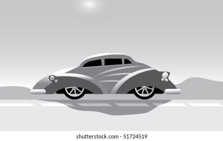 Black and white image of a car on a hot road