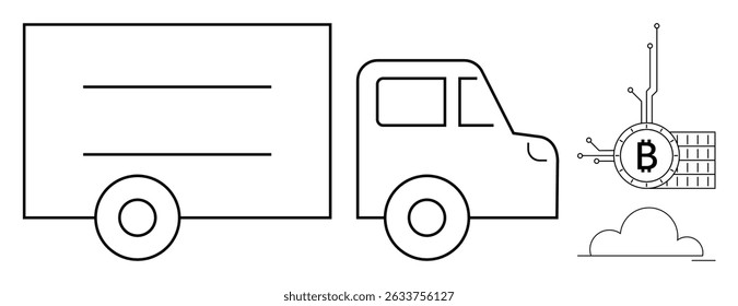 Black and white image of a cargo truck next to a Bitcoin symbol connected to circuit lines and a cloud. Ideal for blockchain technology, cryptocurrency, logistics, digital finance, futuristic