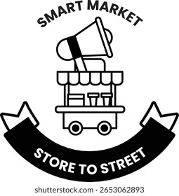 Imagem em preto e branco de um carrinho com um megafone em cima dele. O carrinho é rotulado como "Store to Street" e faz parte de um Mercado Inteligente