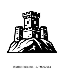 A black and white image of a castle on a hill