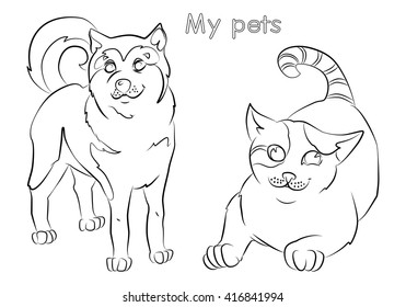 black and white image of a cat and dog- suitable for a child's coloring, and not only. For your convenience, each significant element is in a separate layer.