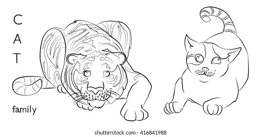 black and white image of a cat and tiger- suitable for a child's coloring, and not only. For your convenience, each significant element is in a separate layer.