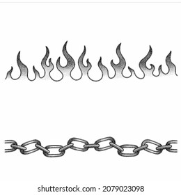 black and white image of chain and fire