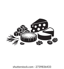 a black and white image of cheese and crackers