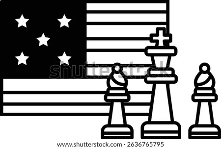 A black and white image of a chess board with a flag in the background. The flag is the American flag and the chess board has three pieces on it